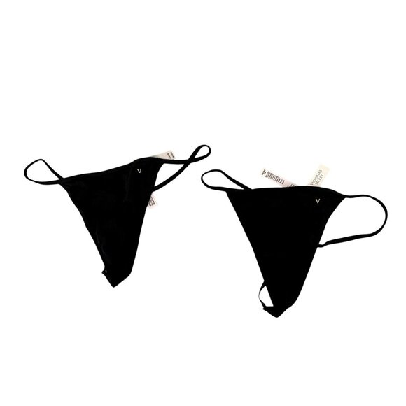 Victorias Secret V String Thong Black Underwear Set of 2 Womens size Medium NEW - Picture 1 of 6